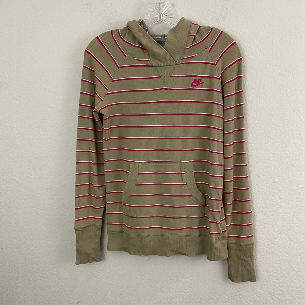 Nike Olive Long Sleeve Hoodie Tee Shirt Wine & White Stripes Kangaroo Pocket Med